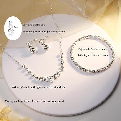 Jstyle Silver Plated Jewelry Set for Women Rhinestone Crystal Necklace Drop Earrings Link Bangle Bracelet Bridal Wedding Jewelry Sets for Brides Bridemaid Prom Costume Accessories thumbnail 5