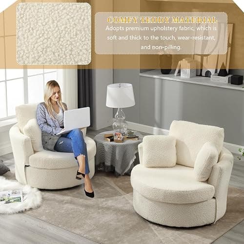 Swivel Barrel Chair, Modern Fabric Oversized 360 Degree Club Accent Arm Chairs, Single Round Living Room Sofa Chair w/ 3 Pillows for Nursery, Bedroom, Reading, Office, Ivory thumbnail 5
