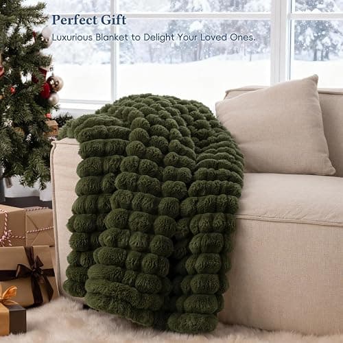 David's Home Double-Sided Faux Rabbit Fur Throw Blanket Twin Size, Reversible Luxury Soft Thick Shaggy Warm Fuzzy Bubble for Couch,Cozy Plush Fluffy for Fall Winter,Winter Moss,60 "* 80" thumbnail 7