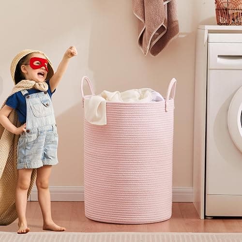 MOJOSCEND 80L Extra Large Pink Hamper Laundry Basket for Baby Girls Tall Nursery Hamper for Kids Woven Rope Clothes Basket for Little Girls Room Bedroom Light Pink Kawaii Tall Laundry Bin thumbnail 6