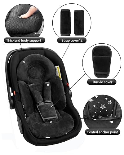 TinlyFinly Newborn Car Seat Insert, Head and Body Support, Reversible Infant Insert Compatible with Baby Carseat, Stroller, Mamaroo Swing, Rocker, Bouncer. Baby Car Seat Cushion - Black thumbnail 6
