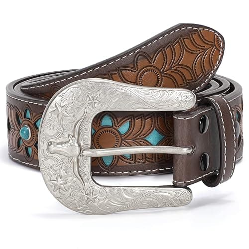 XZQTIVE Women Men Genuine Leather Belt Vintage Ladies Western Belt Engraved Tooled Leather Belt Cowboy Cowgirl Country Belt thumbnail 4
