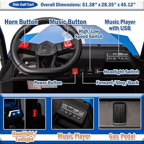 NEWQIDA 24V Golf Cart for Kids Battery Powered 4 Seater Ride on Toys Big Kids Electric Car with Parent Remote Control, Plastic Roof, EVA Tires Wheels, Music Play, 220 Lbs Max Load, Up to 5MPH, Blue thumbnail 7