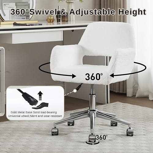 HJY Faux Fur Swivel Desk Chair, Makeup Vanity Chair with Silver Base, White | HENGJIANYI Modern Height Adjustable Fluffy Armchair Ergonomic 360° Swivel Office Chair with Hollowed Back thick cushion thumbnail 7