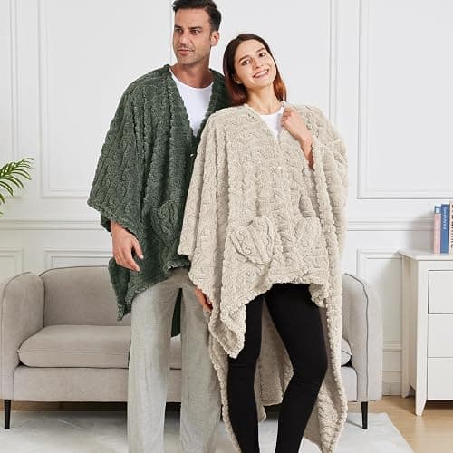 Wearable Blanket Poncho Cape Wrap for Adult, Cozy Sherpa Fleece Pocketed Shawl TV Throw Blankets for Office and Lounge(Ivory,58'' x 64'') thumbnail 2