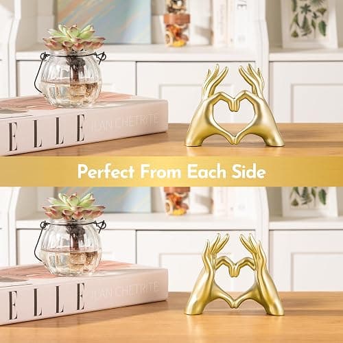Gold Decor Living Room - Small Shelf Decor Aesthetic - Heart Hands Sculpture - Teen Girls Bedroom Knick Knacks - Cute Home Shelves Accent - Table Statue Love Decorations Gifts (Gold Fingers) thumbnail 5