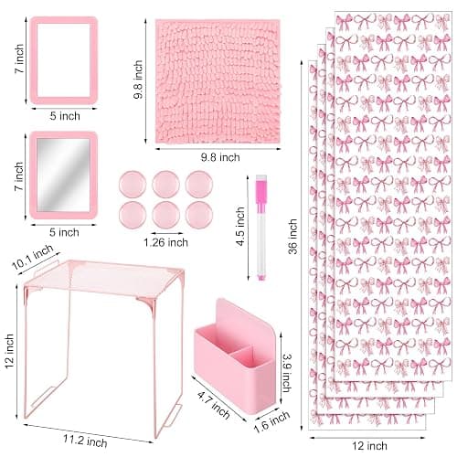 Pinkunn 16 Pcs Locker Accessories Kit Locker Organizer Bow Wallpaper Magnetic Whiteboard Magnet Mirror Dry Eraser Marker Rug Magnetic Storage Cup Organizing Shelf Back to School Party Supply(Pink Bow) - Pink Bow thumbnail 3