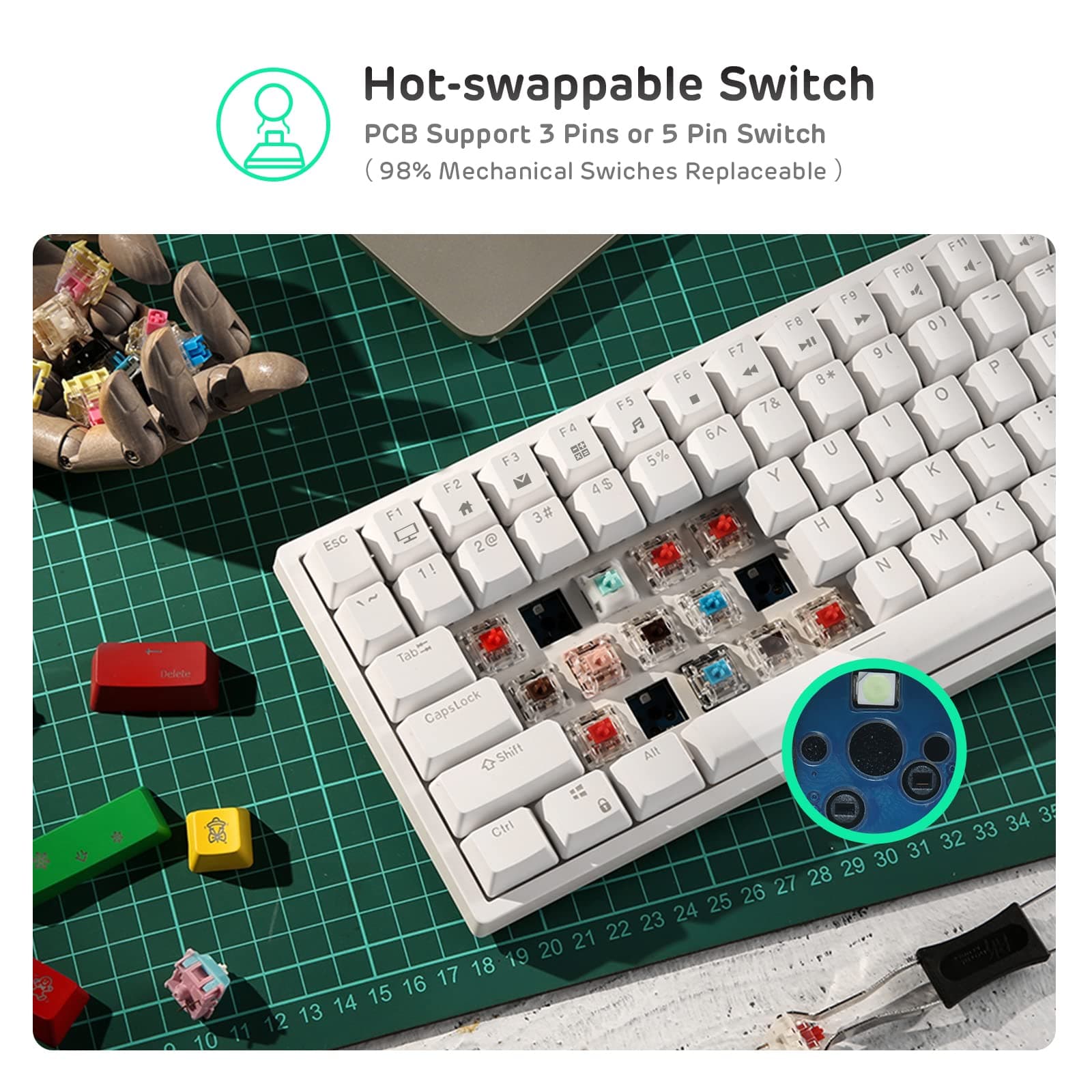 RK ROYAL KLUDGE RK84 Wireless Bluetooth/2.4Ghz 75% RGB Mechanical Gaming Keyboard, Three Modes Connectable Keyboard with Hot-Swappable Quiet Red Switch White thumbnail 3