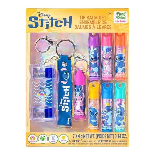 Stitch 7 Pack Lip Balm with Keychain, Plant Based Lip Balm for Girls, Kids Chapstick Age 3+ by Townley Girl - Image 1