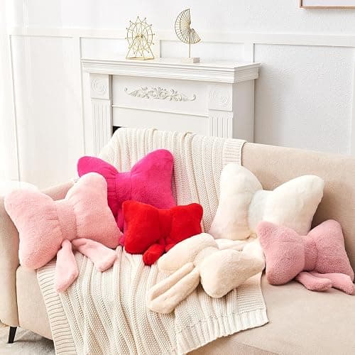 Mepherl Pink Bow Pillow,12'' Bow Shaped Pillow with Faux Rabbit Fur,Soft Bow Throw Pillows Aesthetic Bow Decorative Pillows for Bed Sofa Couch Home Decor thumbnail 3