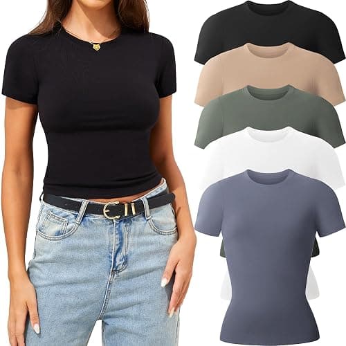 CE' CERDR 3/5 Pack Womens T Shirts Crew Neck Short Sleeve Shirts for Women Casual Basic Fitted Stretchy Tee Tops - Image 1