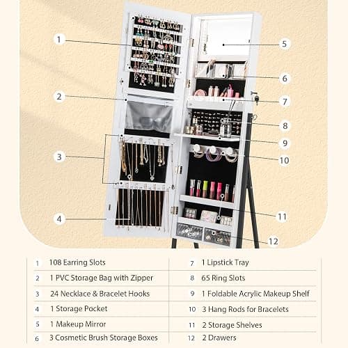 CHARMAID Standing Jewelry Armoire with Full Length Mirror, Lockable Jewelry Cabinet Organizer with Lights, 3 Lighting Modes, Foldable Makeup Tray, Storage Drawers & Shelves (White) thumbnail 5