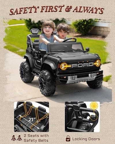 First Ride On 24V Ride on Toys for Big Kids, Licensed Ford Bronco Raptor Electric Car 2 Seater with Remote Control, Kids Ride on Cars w/ 2-Seater, 4.3 Mph Max Speed, Soft Start Function (24V, Black) thumbnail 7