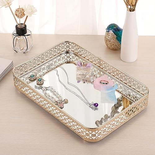 ELLDOO Perfume & Makeup Vanity Tray - Hollow-Carved Jewelry Storage, Glass & Metal Trinket Organizer for Dresser & Bathroom Countertop, Gold, Medium Size thumbnail 6