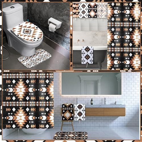 FuWeave 8 Pcs Western Aztec Shower Curtain Set Geometric Vintage Bathroom Decor Boho Abstract Pattern Waterproof Shower Curtain Aztec Towels Non Slip Rug Toilet Lid Cover Bath Mat with 12 Hooks thumbnail 7