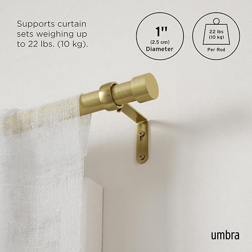 Umbra Cappa Curtain Rod – 1-Inch Drapery Rod Extends from 66 to 120 Inches, Includes 2 Matching Finials, Brackets & Hardware, Brass, 66 to 120-inches thumbnail 4