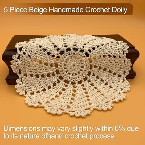 5 Piece 7 to 14 Inch Handmade Crochet Cotton Lace Doilies for Table, Beige thumbnail 4
