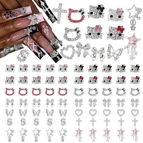 Pizadix 100 pcs 3D Sliver Nail Charms Y2K Cute Nail Charms Set with Kity, Butterfly, Bow, Star, Heart,Cross for Nail Art Decoration Y2K - Image 1