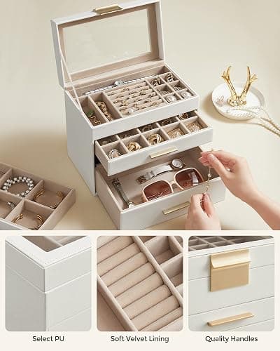 SONGMICS Jewellery Box with Glass Lid, 4-Layer Jewellery Storage Organiser with 3 Drawers, Plenty of Storage, Modern, Gift Idea, 15.3 x 25.1 x 21.5 cm, Cloud White and Gold Colour JBC161W01 thumbnail 8