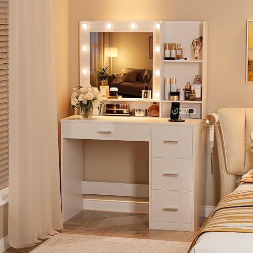 Furmax Vanity Desk with LED Lighted Mirror&Power Outlet, 39.3’’ Makeup Vanity Table with 4 Drawers and 3 Storage Shelves, Adjustable 3 Lighting Colorfor Bedroom&Dressing Room (White) thumbnail 3
