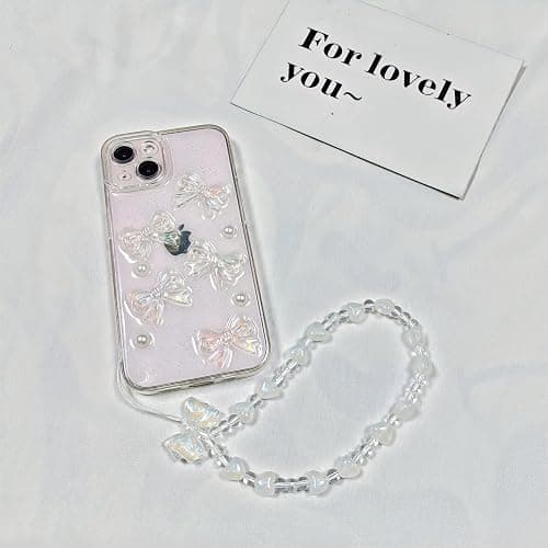 Ownest Compatible with iPhone 12 Case with Clear Cute 3D Bowknots and Pearl Aesthetic Patterns for Women Teen Girls, Glitter Sparkle Back and Full Lens Protection Protective Phone Case Cover + Chain thumbnail 2