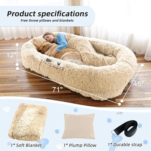 Human Dog Bed, 71''x45''x12'' Size Fits You and Pets, Washable Faux Fur Pet Bed for People Doze Off, Napping Orthopedic Dog Bed, Present Plump Pillow, Blanket, Strap - Beige thumbnail 5