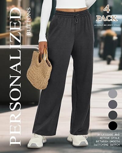 Sweetyweee 4 Pack Womens Wide Leg Sweatpants Elastic Waist Lounge Baggy Pants Straight Leg Soft Casual Joggers with Pockets thumbnail 4
