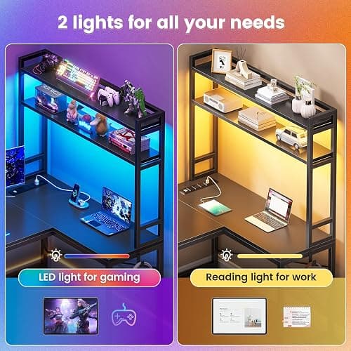 SEDETA L Shaped Gaming Desk, Reversible 45.3” Small Corner Desk with Power Outlet and LED Lights, Corner Gaming Desk with Storage Shelves, Hooks for Small Space, Black thumbnail 5