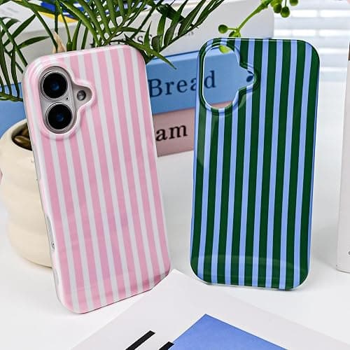 SleekCover Cute Striped Case for iPhone 16 6.1",Pink/Yellow | Non-fade Aesthetic Striped Pattern,Slim Fit,Lightweight,Kawaii Cute iPhone 16 Case for Women Girls,Soft TPU thumbnail 7