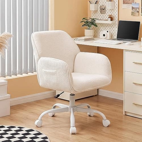 KRAMZMING Teddy Fleece & Corduroy Desk Chair, Swivel Office Chair White | Upholstered Vanity Chair with Side Pocket & Wheels, Height Adjustable Chair for Bedroom Makeup Study - Image 1