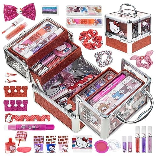 Hello Kitty Train Case Cosmetic Makeup Set Includes Lip Gloss, Eye Shimmer, Nail Polish, Hair Accessories & More! For Girls, Ages 6+ Perfect for Parties & Makeovers by Townley Girl thumbnail 2