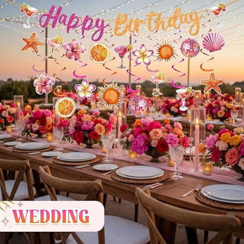 VitalCozy 10pcs Pink and Orange Sunset Birthday Decorations for Women Pink and Orange Happy Birthday Banner, Tropical Tequila Garland and Hanging Swirls Decorations thumbnail 7