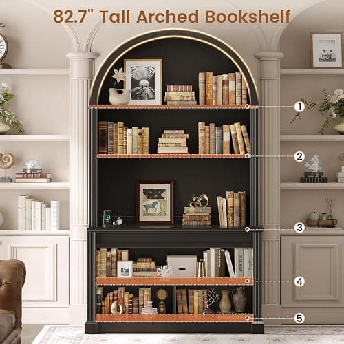 SEDETA 67" L Shaped Desk with Tall Arched Bookshelf & 3 Drawers Storage | Black Mid-Century Office Computer Desk with Hutch Shelves, Corner Executive Desk with Sliding Barn Door for Home Office thumbnail 3