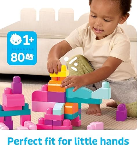 MEGA BLOKS First Builders Toddler Blocks Toys Set, Big Building Bag Collection with 80 Pieces and Storage, Pink, Ages 1+ Years thumbnail 5