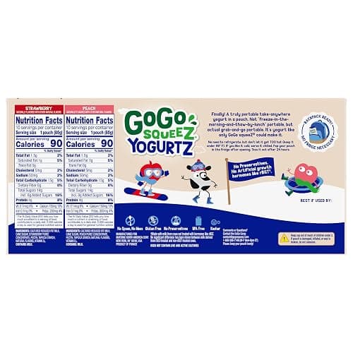 GoGo squeeZ Low Fat YogurtZ Variety Pack, 3 oz Pouches, 20 Count | Kids snack, strawberry & peach flavor, real yogurt & fruit; no fridge needed, gluten and nut free, recloseable cap, BPA-free thumbnail 2