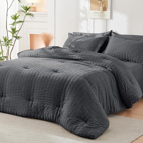 HYMOKEGE Full Size Comforter Sets Seersucker 7 Pieces, All Season Luxury Bed in a Bag for Bedroom, Bedding Set with Comforters, Sheets, Pillowcases & Shams, Dark Grey thumbnail 8