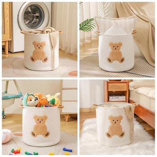 Large Blanket Baskets for Living Room, Teddy Bear Baskets Toy Storage Basket, 14" x 14" Woven Cotton Rope Basket for Kids, Toys Organizer Clothes Hamper with Embroidery, Teddy Bear Nursery Decor thumbnail 5