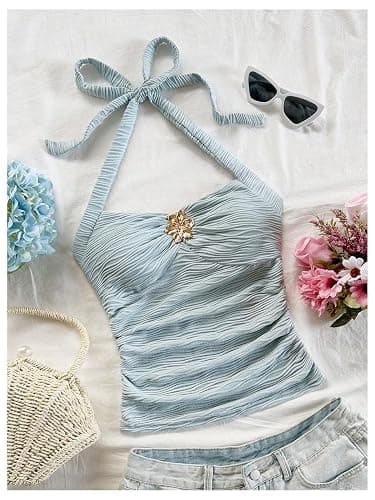 SOLY HUX Women's Halter Tops Cute Summer Y2K Going Out Camisole | Sleeveless Backless Cami Top, Tie Back, Floral Metal, Beach Outfits, Cute Tops for Teens thumbnail 4