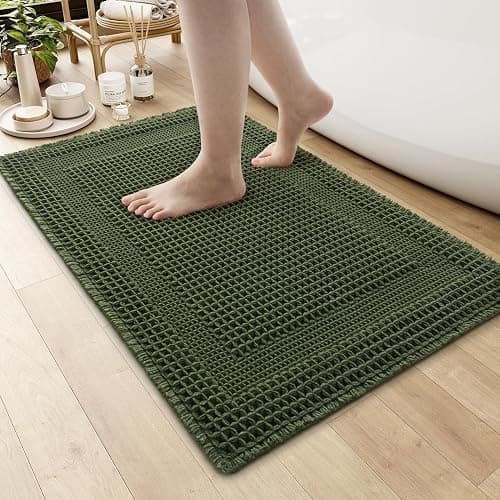 AMOAMI Waffle Bath-Mat, Absorbent Bath Mats for Bathroom Non Slip, Machine Washable Bathroom Rugs with Tassels Ultra Soft Boho Bath Rugs for Floor 24"x36" Dark Green - Image 1