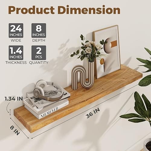 Axeman 36 inch Floating Shelves for Wall - 8'' D Live Edge Rustic Solid Elm Wood Floating Shelves Wall Mounted, Wall Shelves with Invisible Bracket for Living Room Bedroom Kitchen, Set of 2 Natural thumbnail 3