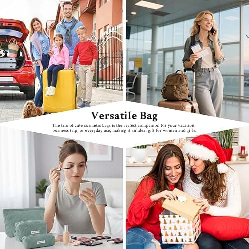 Makeup Bag Set，3 Pcs Initial Makeup Bag, Corduroy Cosmetic Bag with Zipper Closure，Cute Make Up Bag Purses Pouch Travel Toiletry Bag for Women Girls Friend Personalized Gifts (Green) thumbnail 6