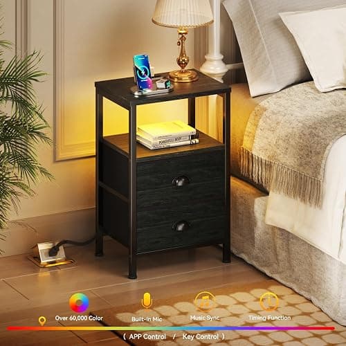 Furologee Nightstands Set of 2, End Tables with Charging Station and LED Lights, Black Night Stands with 2 Fabric Drawers, Bedside Tables Set of 2 for Living Room/Bedroom,Black Oak - 2 PC - drawer on bottom - Black Oak thumbnail 4