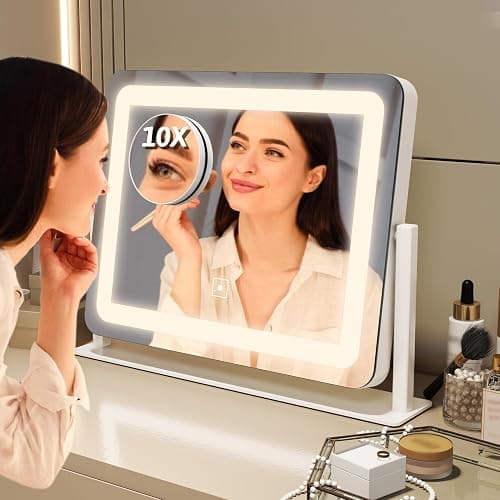 FENNIO Vanity Mirror with Lights, 12" x 16" Lighted Makeup Mirror with Smart Touch Control, 3 Color Modes & Brightness Adjustable, LED Makeup Mirror with 10X Magnification, 360° Rotation for Bedroom thumbnail 6