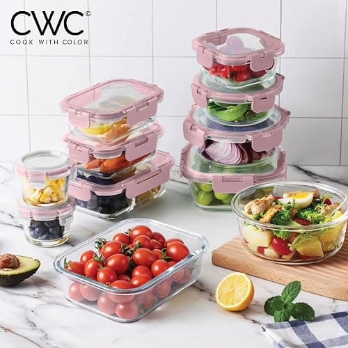 COOK WITH COLOR Premium 32-Pc. Borosilicate Glass Food Container Set with Dividers - 4 Rectangles, 8 Rounds, 4 Squares - Leakproof Lids - Meal Prep, Storage, Pink thumbnail 2
