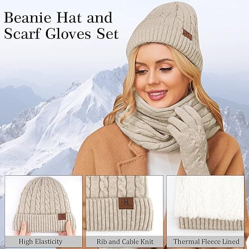 Womens Winter Beanie Hats Long Scarf Touchscreen Gloves Set Warm Knit Skull Caps Gifts for Women Scarfs Gifts for Women thumbnail 3