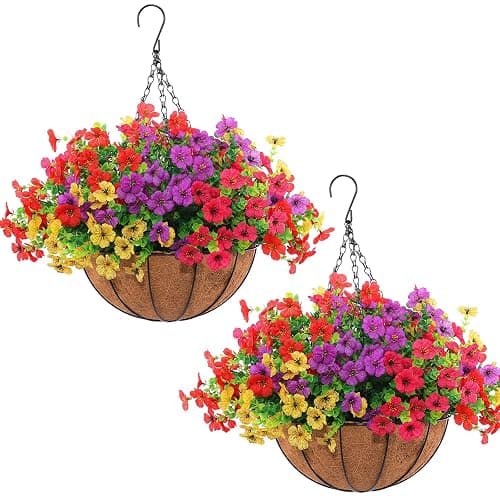 Hananona 2 Set Artificial Outdoor Flowers with Hanging Basket, 2 Hanging Planters with 24 Pcs Flowers for Spring Summer Front Porch Garden Patio Home Decor (2, Red, Purple, Yellow, Rose Red) - Image 1