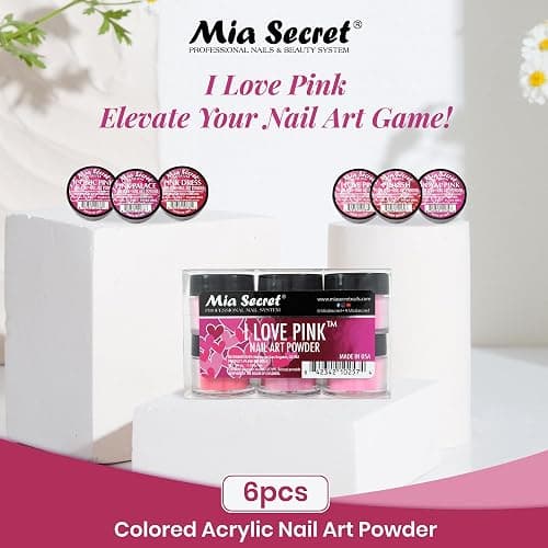 6PC Mia Secret Colored Acrylic Nail Art Powder Collection - I LOVE PINK, 6PC thumbnail 2