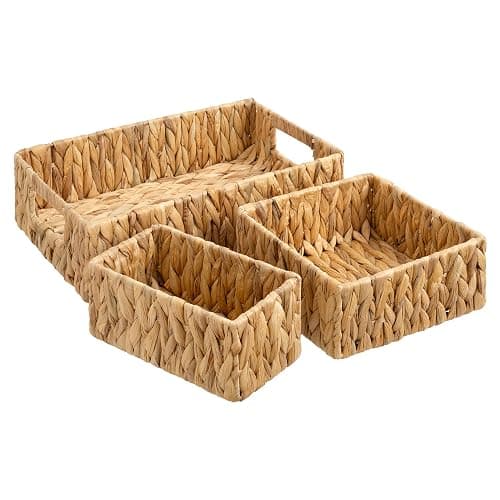 StorageWorks Pantry Baskets for Shelves 3 Pack, Rectangular Wicker Basket with Handles, Natural Water Hyacinth Woven Baskets for Living Room, Toilet, Shelf Storage Basket for Home Decor - Image 1