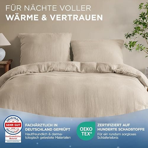 Samthus Musselin Bettwäsche aus 100% Baumwolle - Oeko-Tex Made in Green - Himmlisch weicher Schlaf - bügelfreies Bettwäsche-Set mit 1x Bettbezug 135x200 + 1x Kissenbezug 80x80 - Duvet Cover - Beige thumbnail 5