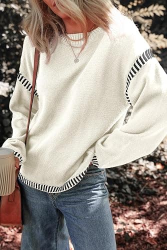 Dokotoo Sweaters for Women Fashion Solid Crewneck Loose Fit Long Sleeve Contrast Cable Knit Pullover Sweater Jumper Tops thumbnail 3